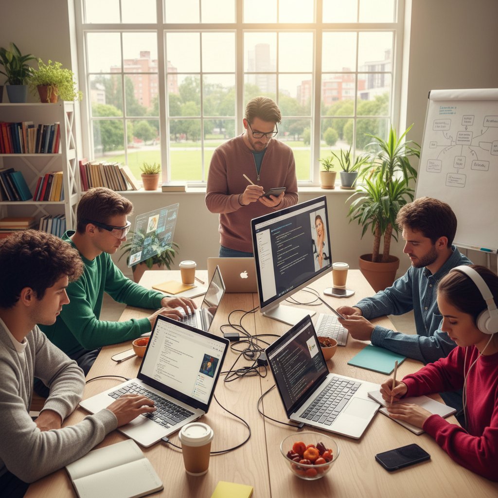 Grupa młodych dorosłych uczących się nowych umiejętności online, różne urządzenia