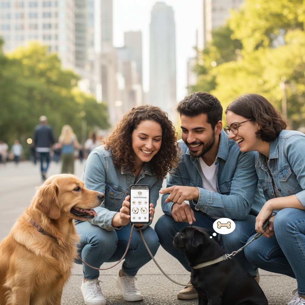 Junge Erwachsene mit Smartphone, auf dem eine Hunde-App läuft, in urbaner Umgebung