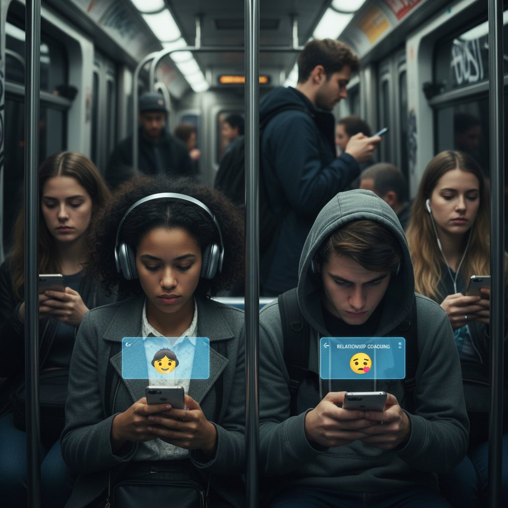 Young adults using smartphones on subway, each appearing isolated and disconnected, with relationship coaching theme