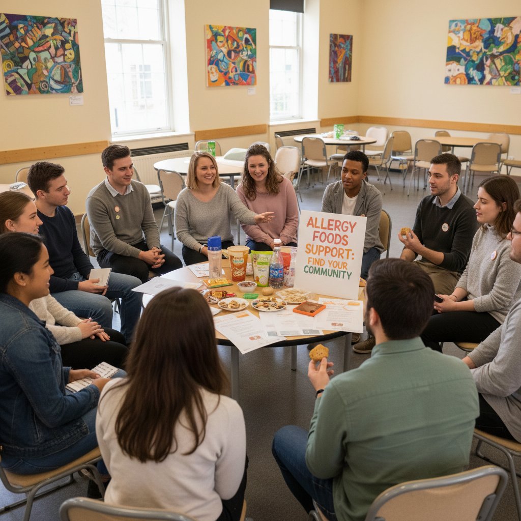 Grupa młodych dorosłych siedzi razem przy stole, dzieląc się doświadczeniami z alergią pokarmową, emocjonalna scena wsparcia społecznego