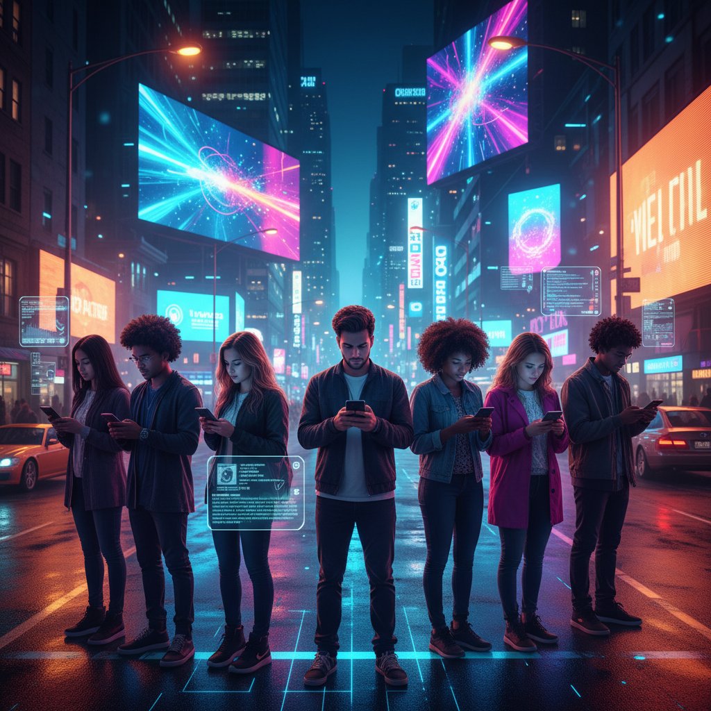 Młodzi dorośli korzystający z aplikacji na smartfonach w miejskim otoczeniu, dynamiczne światło, atmosfera cyfrowa