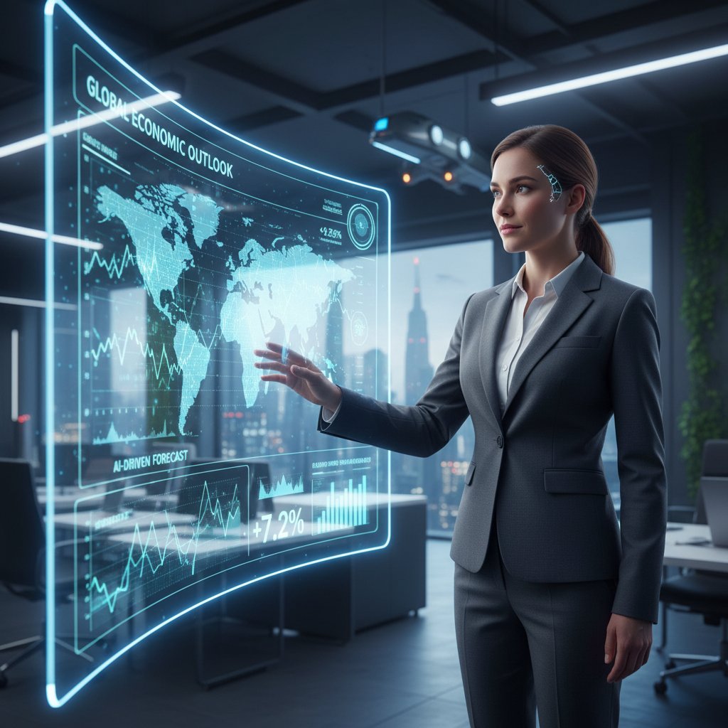 Młody analityk AI obserwuje dane na przezroczystym wyświetlaczu, futurystyczne biuro