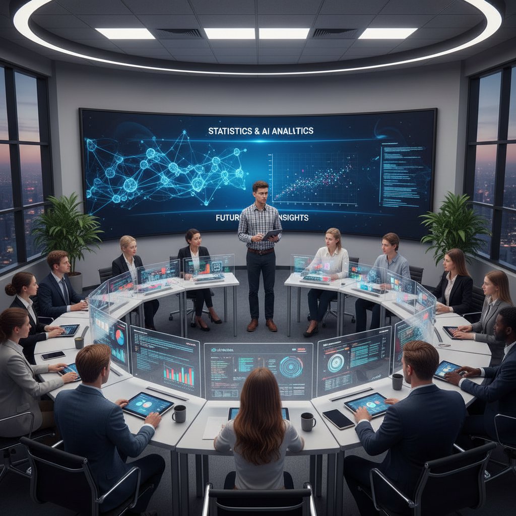 Młody analityk prowadzi warsztaty z użycia AI w statystyce, grupa słucha i notuje, klimat nowoczesny