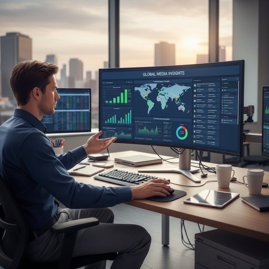 Młody analityk przy komputerze analizujący dashboard z wynikami monitoringu