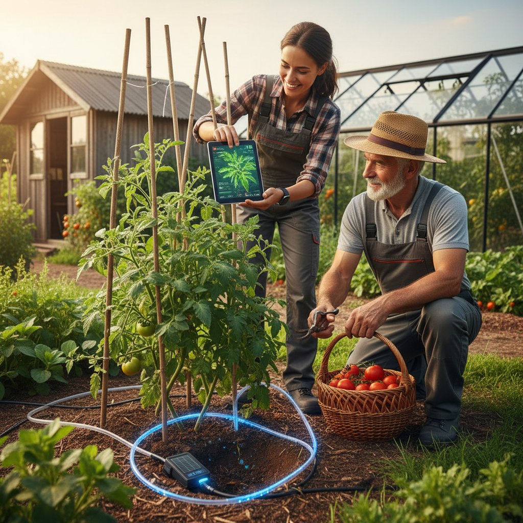 Młody i starszy ogrodnik współpracujący nad uprawą pomidorów, tradycja i technologia