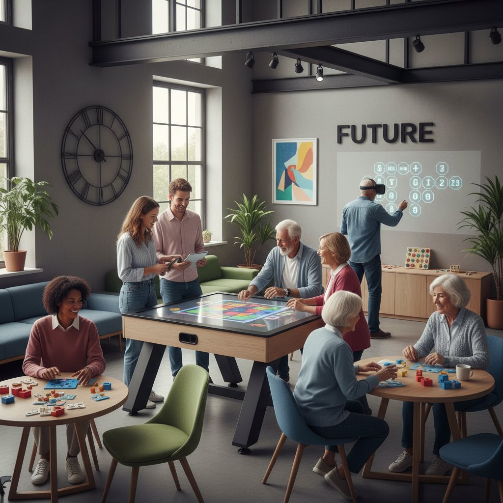 Młodzi i seniorzy grający w gry kognitywne w nowoczesnym wnętrzu, symbolizującym rozwój umysłowy