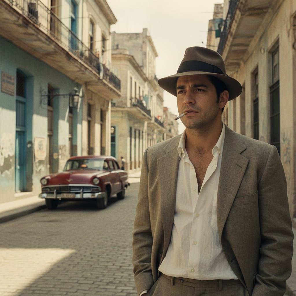 Young Andy Garcia in Havana as a child, determined expression in old street