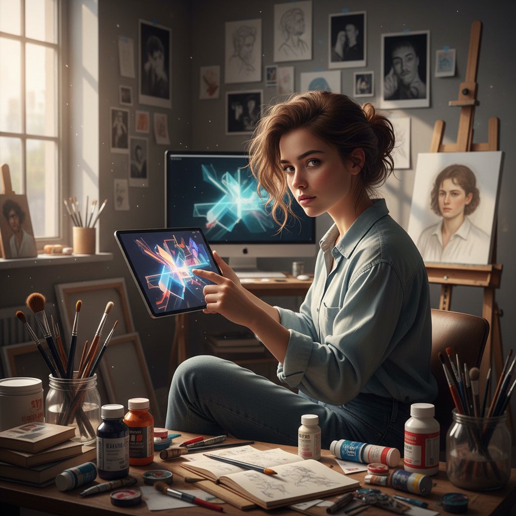 Młoda artystka analizująca obraz wygenerowany przez AI, pracownia sztuki