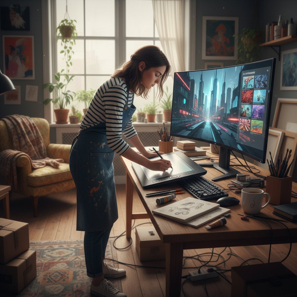 Młoda artystka rysująca z wykorzystaniem ekranu komputera, AI sugerujące kształty, studio sztuki