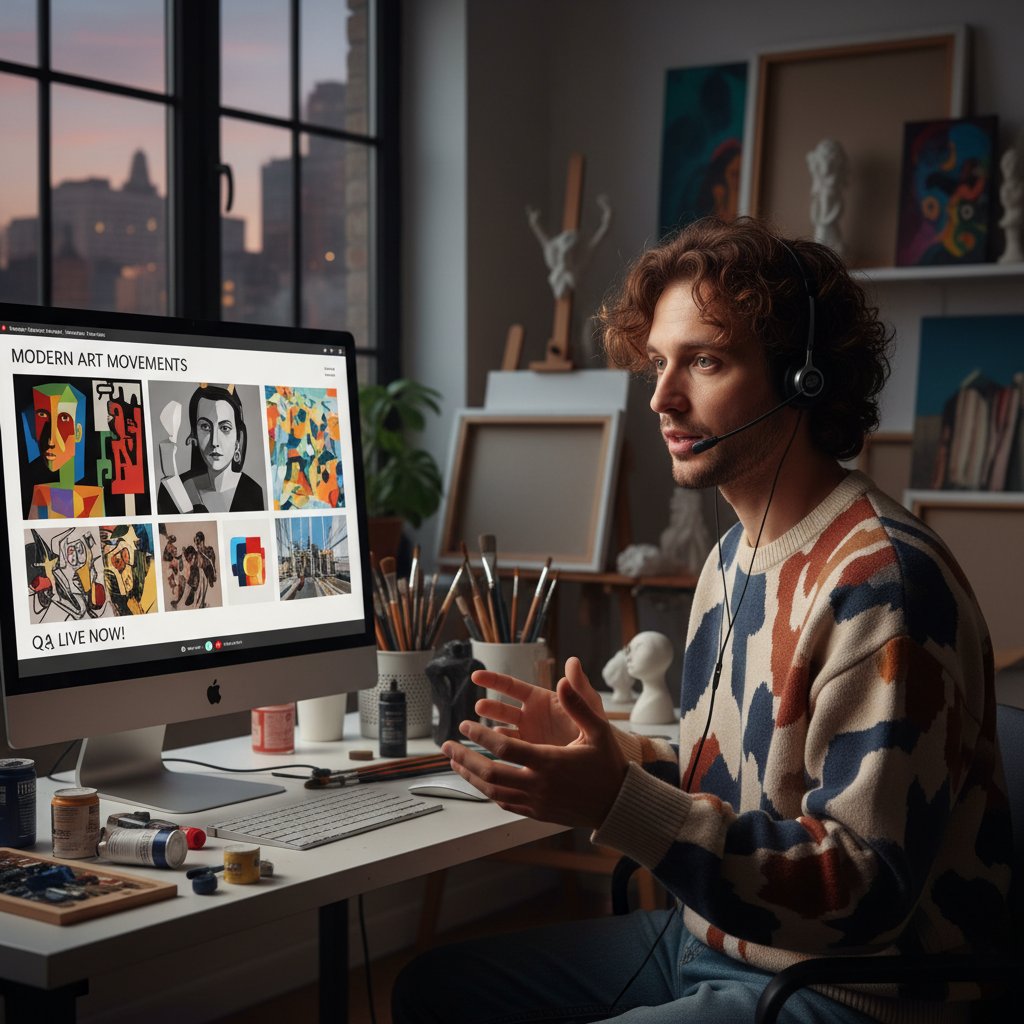 Młody artysta podczas webinaru online analizujący nowoczesne dzieła sztuki