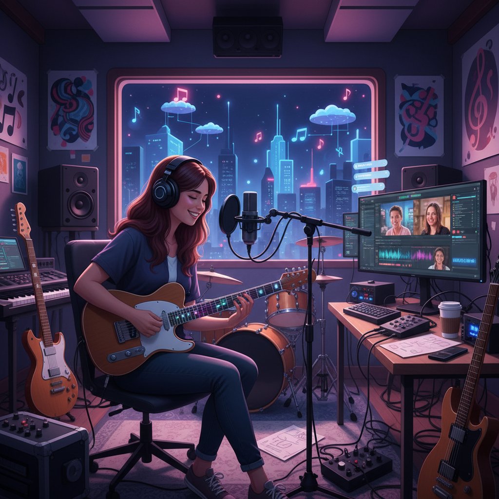 Młoda artystka podczas sesji nagraniowej w studio, wyróżniająca się kreatywnością w muzyce online