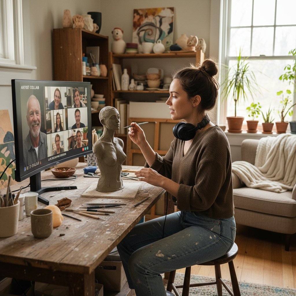 Młody artysta rzeźbiący głowę w swojej domowej pracowni, komputer z wideorozmową z nauczycielem w tle