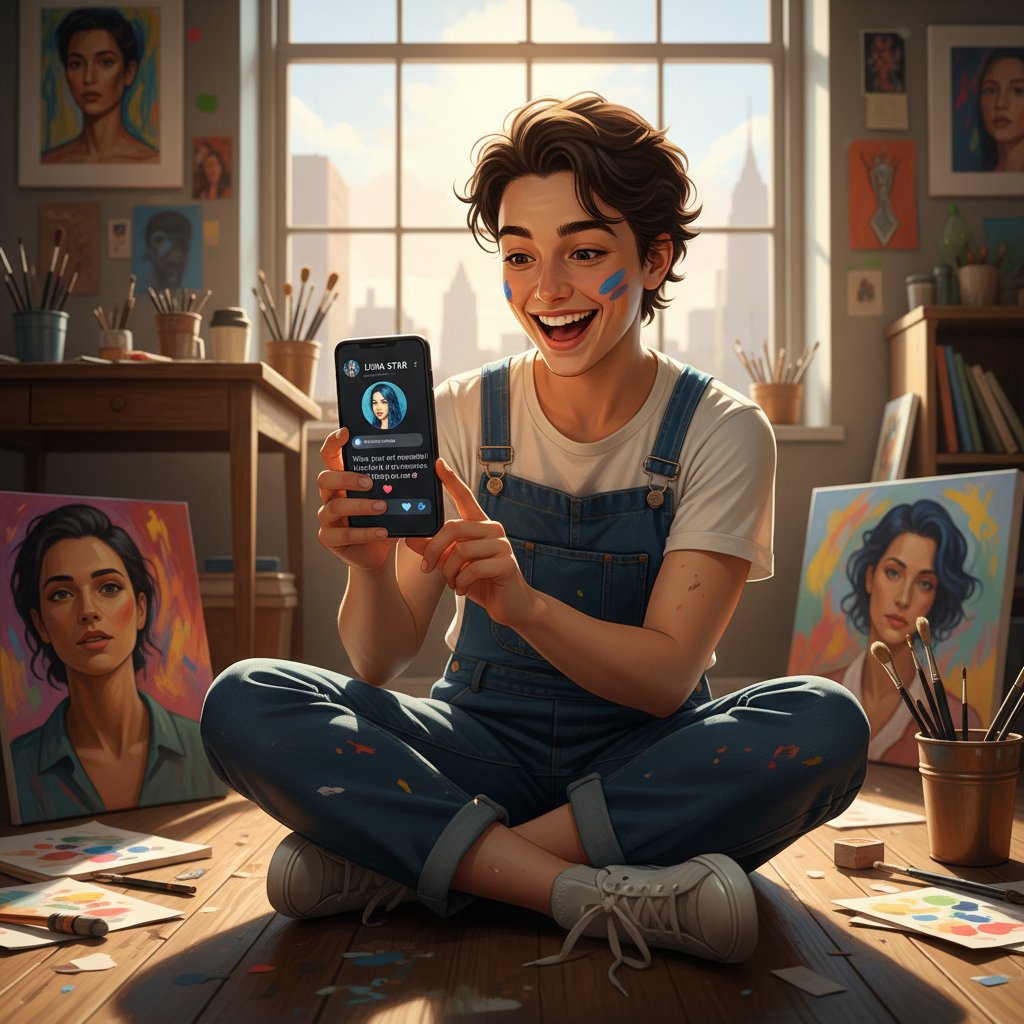 Młoda artystka z telefonem, radosna po otrzymaniu odpowiedzi od gwiazdy, w tle ekran z profilem celebrytki