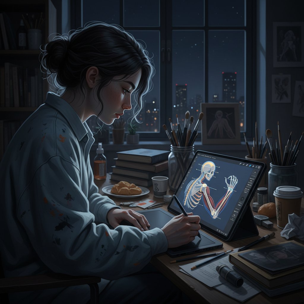 Student podczas nauki anatomii online, tablet, wieczorne światło, skupiony wyraz twarzy