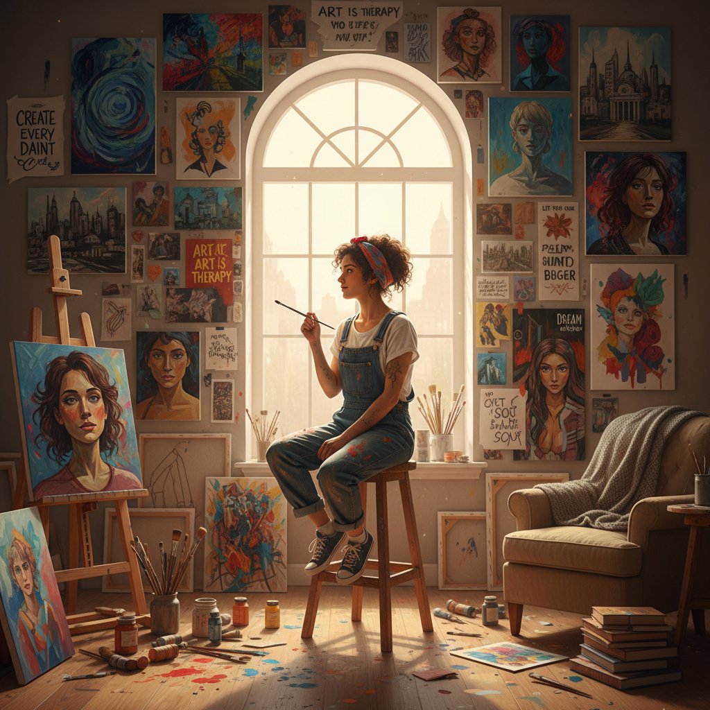 Młody artysta patrzący z satysfakcją na ścianę pełną swoich prac, tło z inspirującymi cytatami, światło poranka