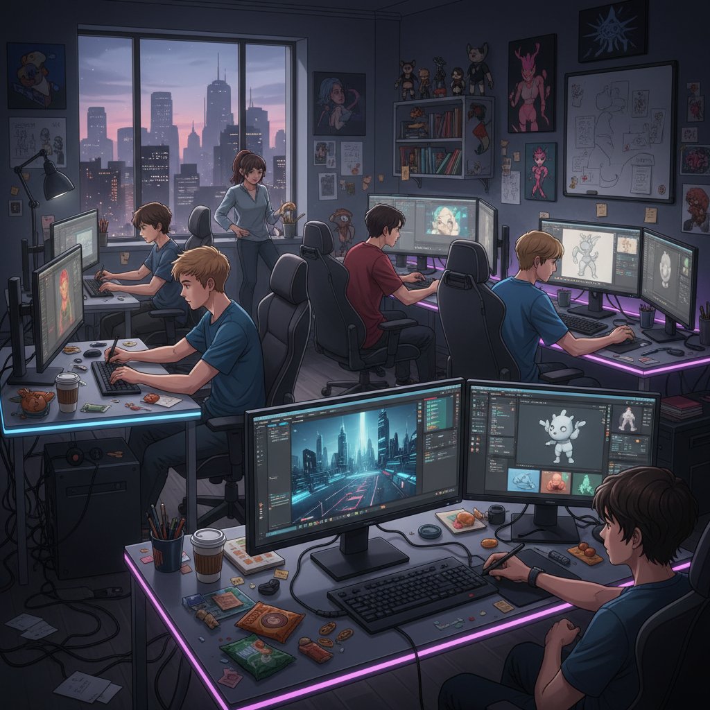 Młodzi artyści pracujący nad postaciami w nowoczesnym studiu graficznym, character design online