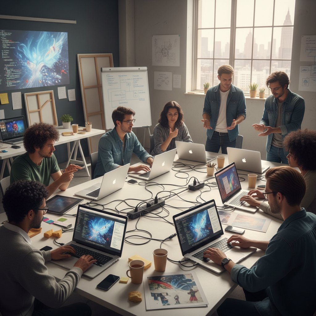 Grupa młodych artystów i programistów, wspólnie analizują obrazy AI na laptopach – scena warsztatowa