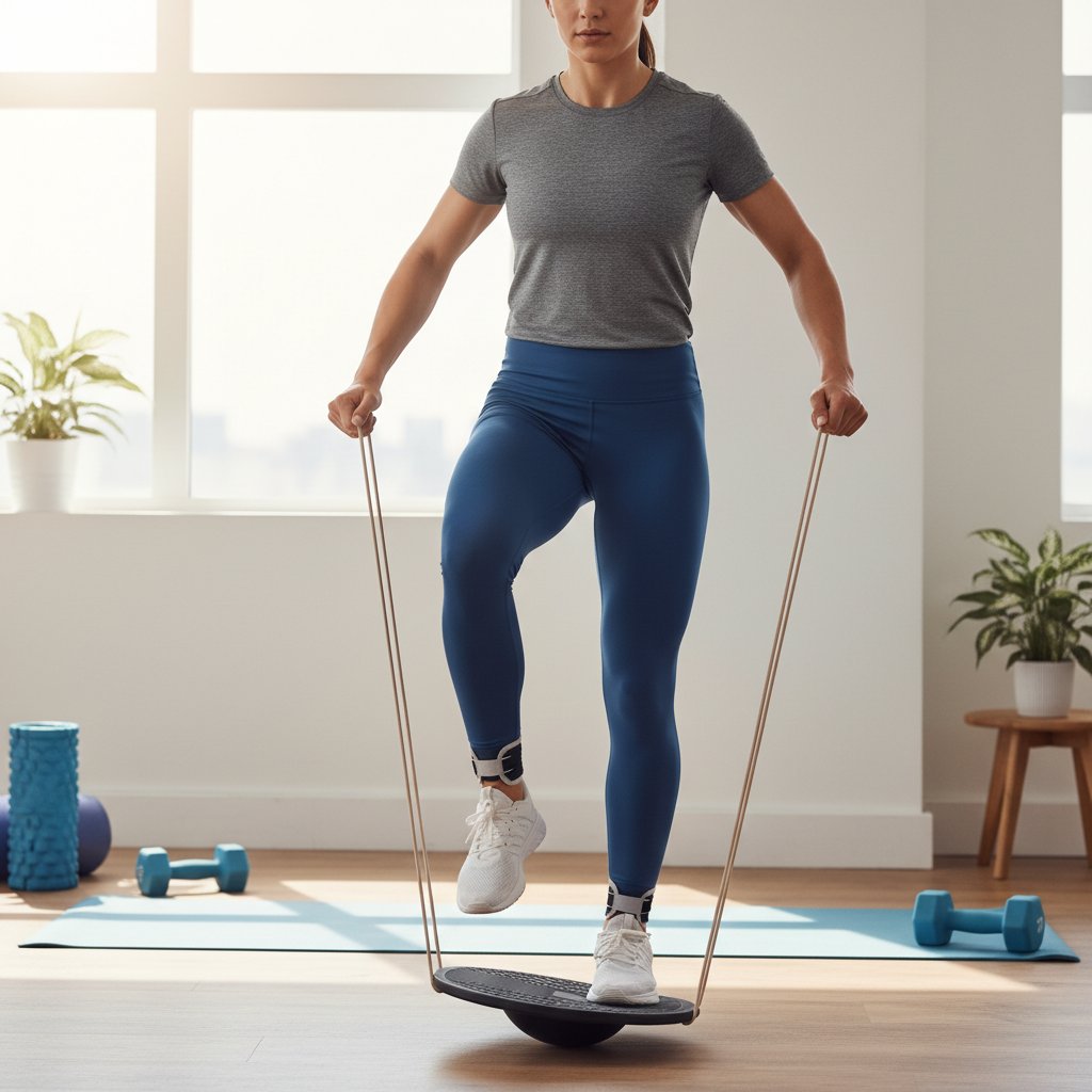 Młody sportowiec ćwiczący stabilizację kostki w domowym otoczeniu