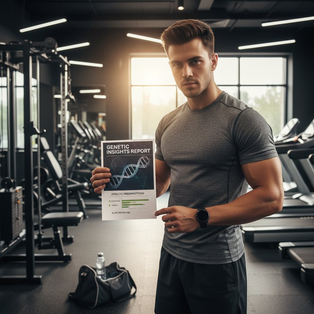 Młody sportowiec analizujący wyniki genetyczne na smartfonie, siłownia