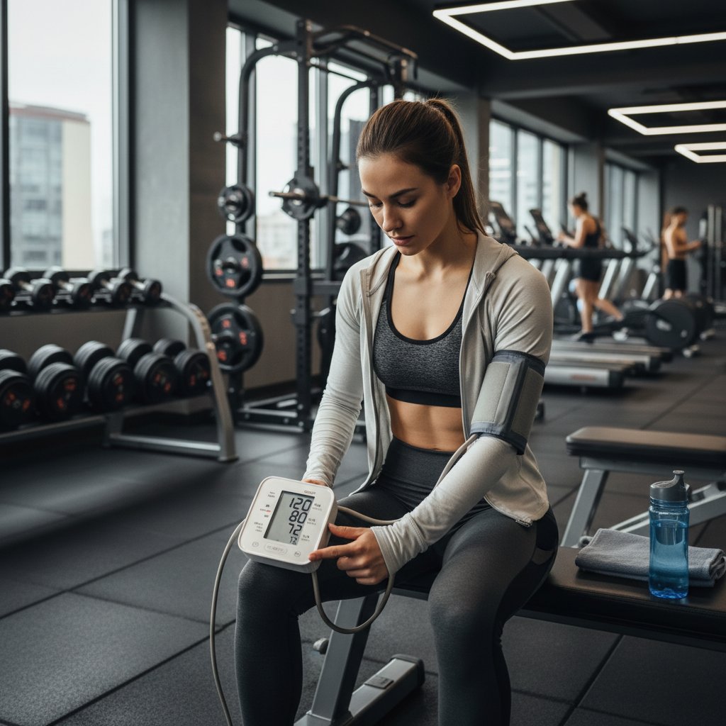 Młody sportowiec sprawdzający ciśnienie po treningu, dynamiczna scena na siłowni
