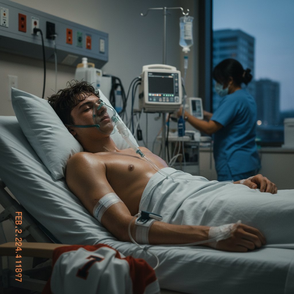 Młody sportowiec z maską tlenową – zapalenie płuc nie wybiera