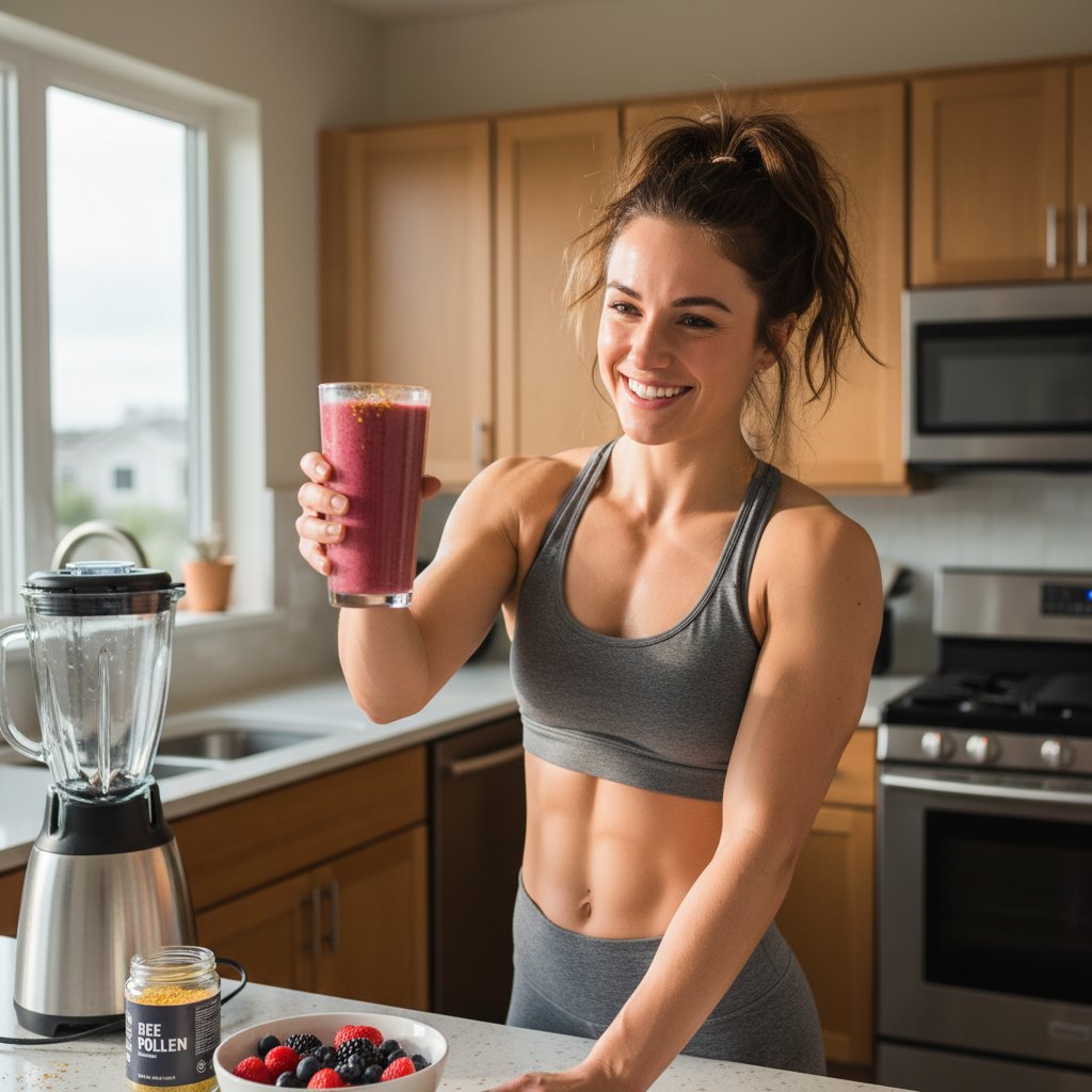 Młody sportowiec przygotowujący smoothie z pyłkiem pszczelim w kuchni po treningu