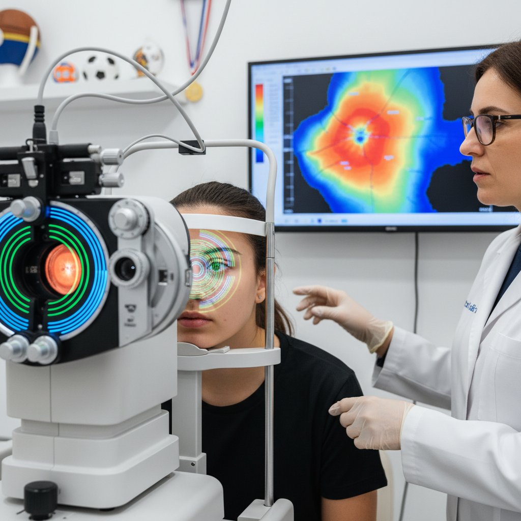 Młody sportowiec podczas badania wzroku z wykorzystaniem topografii rogówki