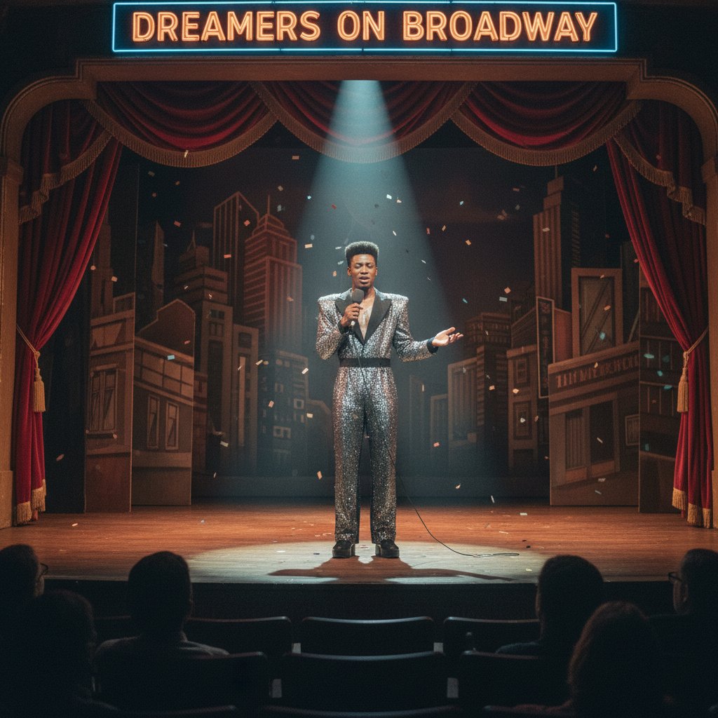 Dramatic portrait of a young Black actor on Broadway stage, spotlight, 1980s vibe, 16:9