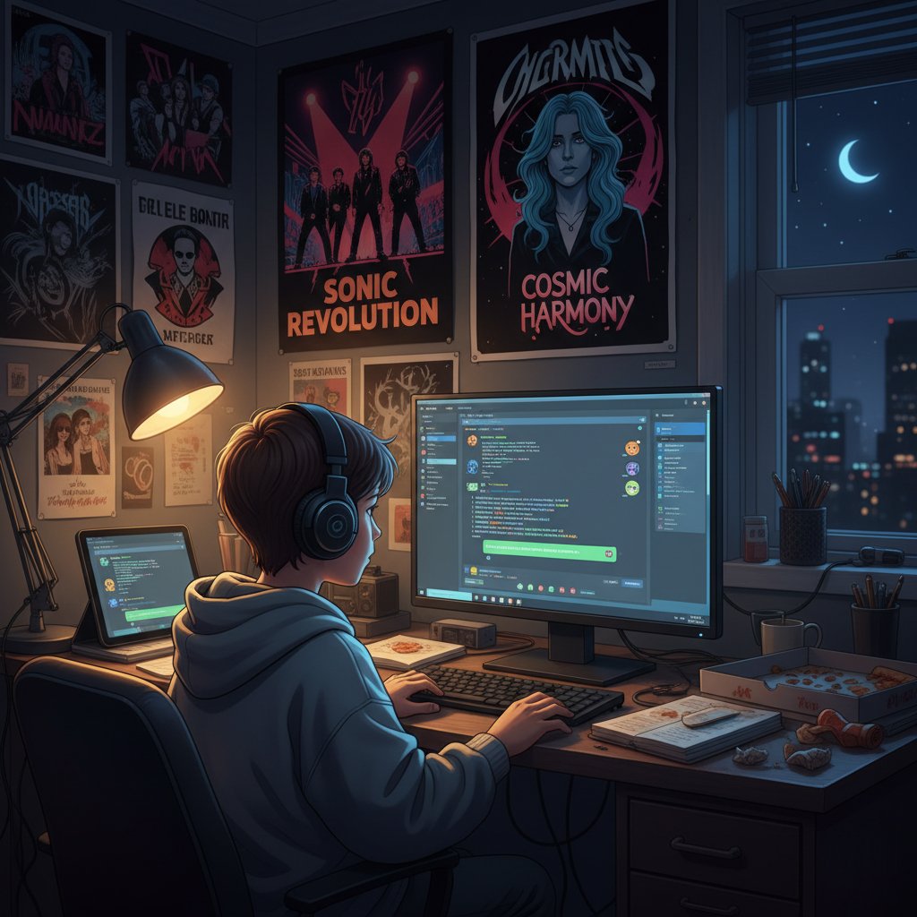 Młody chłopak siedzi przy komputerze w nocy, uśmiecha się podczas rozmowy online, w tle plakat ulubionego zespołu