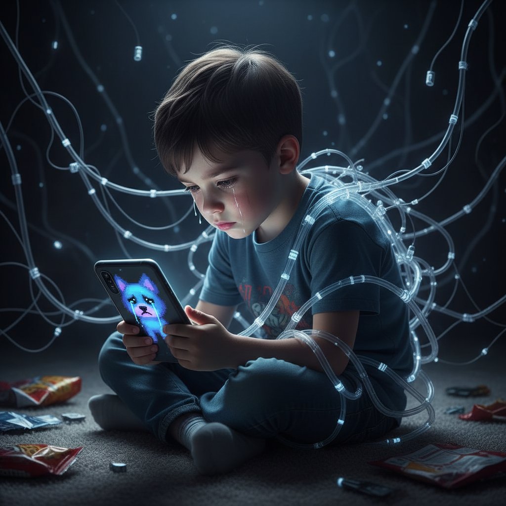 Młody chłopak z zamyśloną miną patrzy w ekran telefonu, na którym wyświetla się wirtualny piesek – ilustracja pułapki emocjonalnej