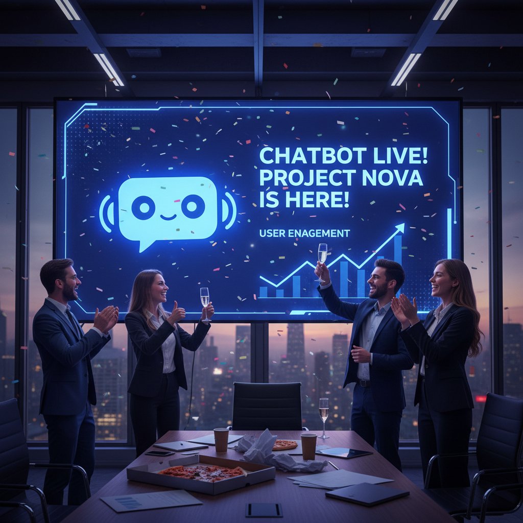 Zespół firmy uruchamia nowego chatbota B2C, radosna atmosfera, ekran z dużym napisem „START”