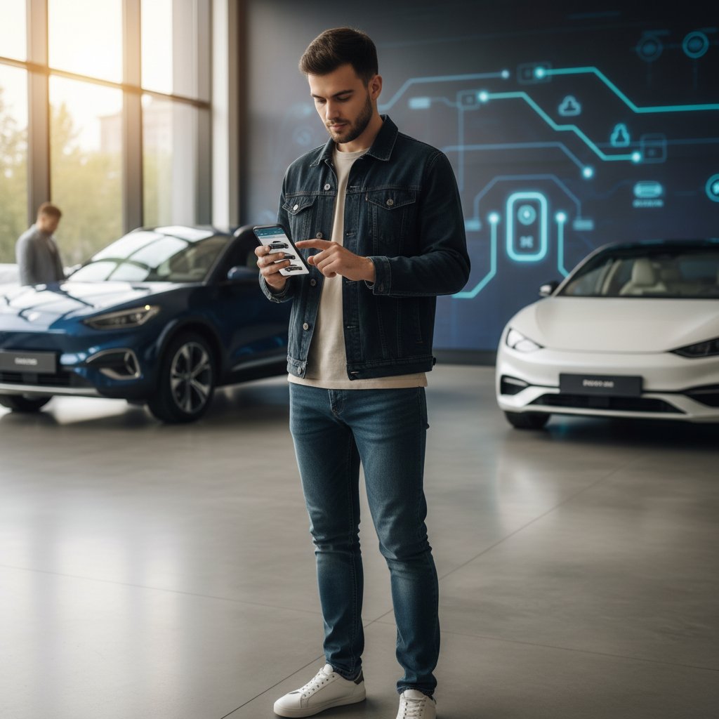 Young buyer using smartphone to compare electric vehicle features, illustrating modern car buying behavior