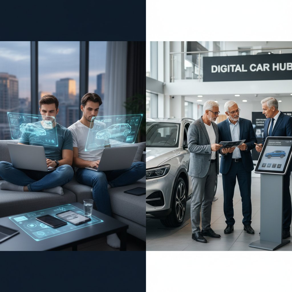 Young adults buying cars online, older adults in dealership, generational contrast digital car dealer