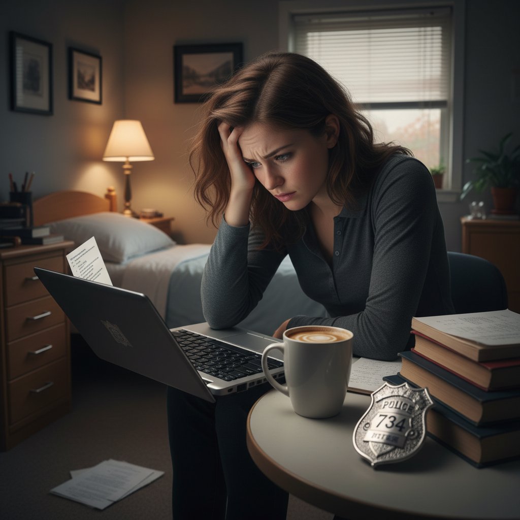 Młody kandydat do policji przygotowujący się do egzaminu online, laptop, stres, pokój, kawa, policyjna odznaka