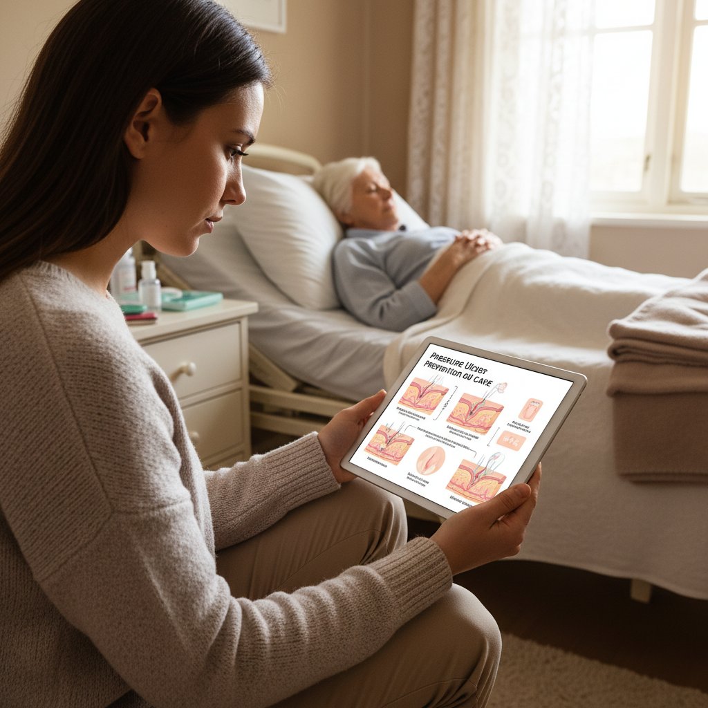 Młody opiekun korzystający z tabletu do nauki o profilaktyce odleżyn