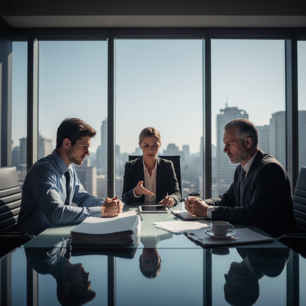 Młody klient negocjujący cenę konsultacji prawnej w kancelarii, atmosfera napięcia