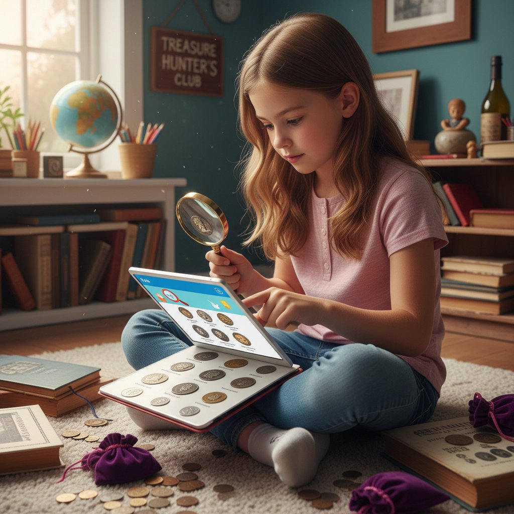Młody kolekcjoner korzystający z aplikacji edukacyjnej do nauki numizmatyki