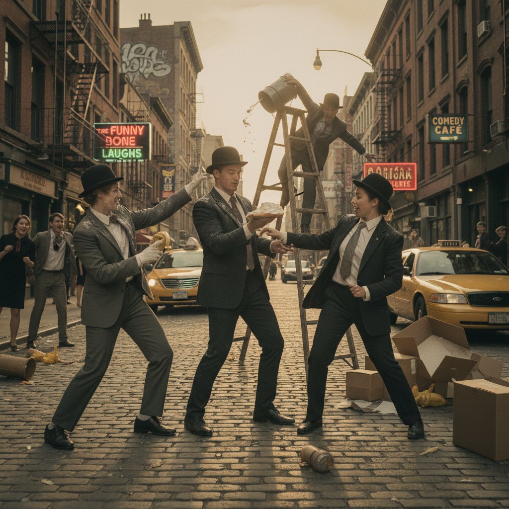 Young comedians perform classic slapstick routines in a crowded urban street, slapstick movies in modern setting