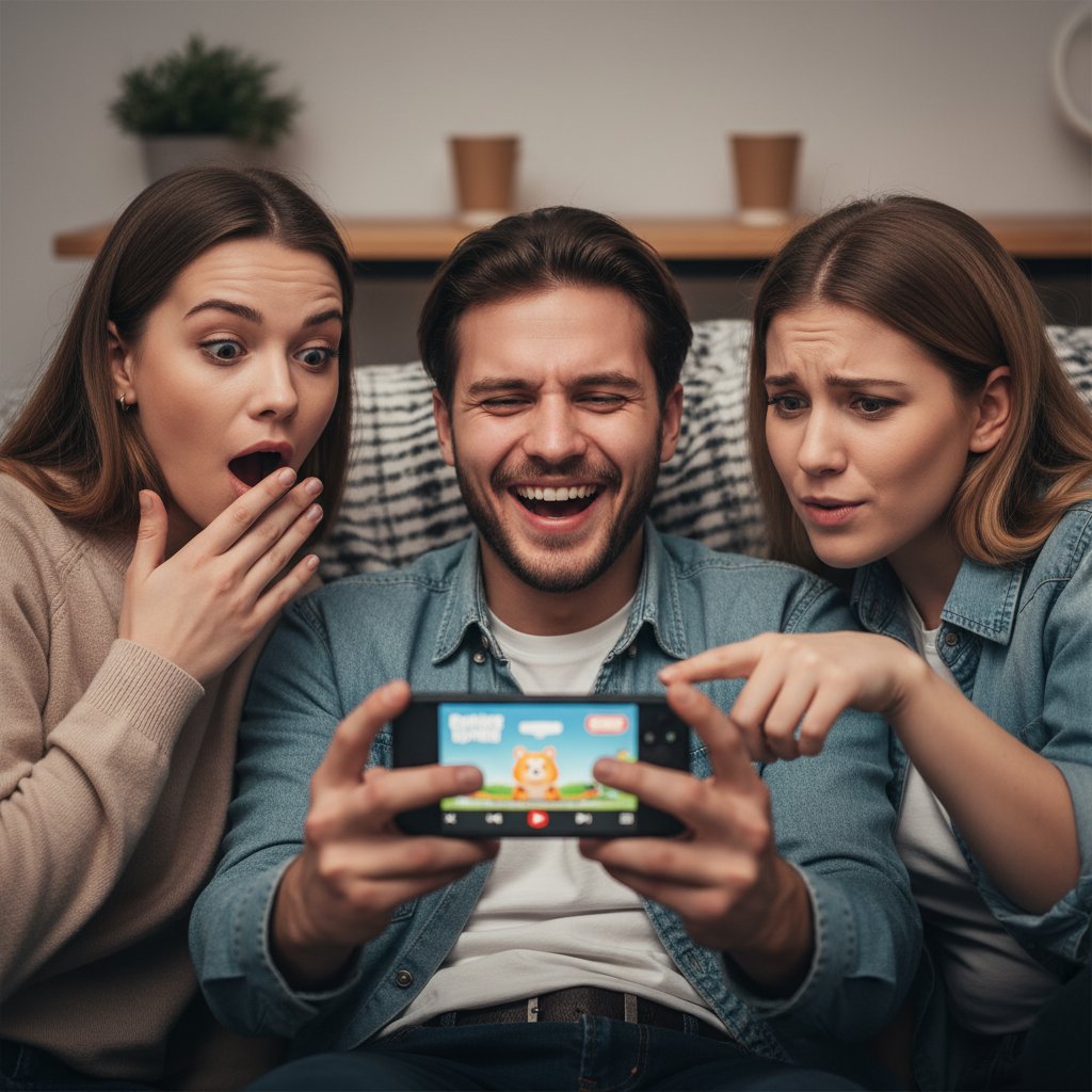 Grupa młodych konsumentów reagujących pozytywnie na reklamę w telefonie, autentyczne emocje