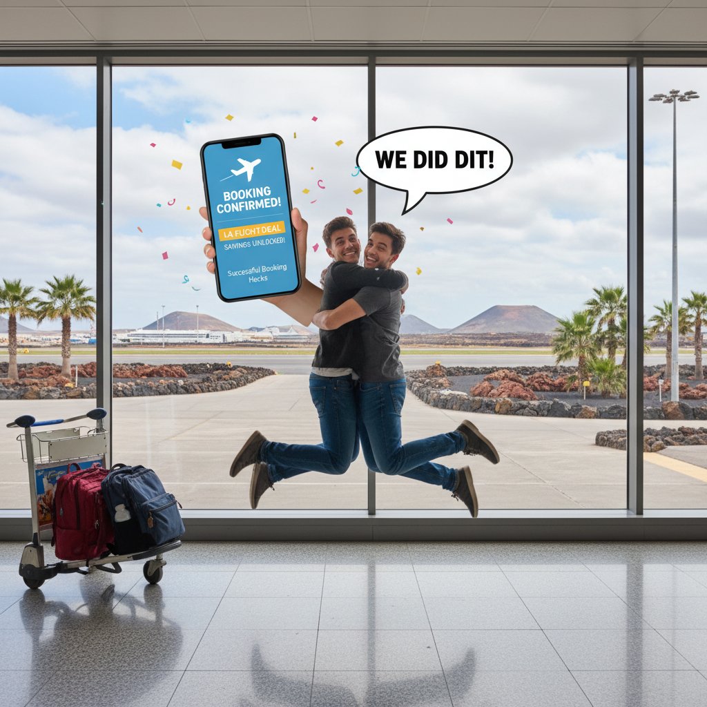 Young couple celebrating at Lanzarote airport after scoring flight deal, symbolizing successful booking hacks