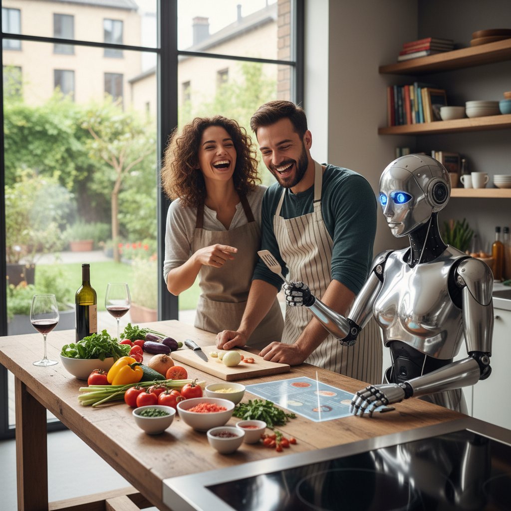 Młoda para gotująca razem z AI kucharzem i śmiejąca się przy stole
