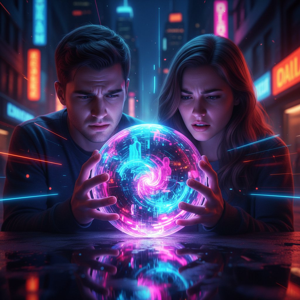 Junges Paar sitzt angespannt vor einer digitalen Kristallkugel, die Hoffnung und Zweifel symbolisiert – passende Szene für Hellsehen Beziehungskrise