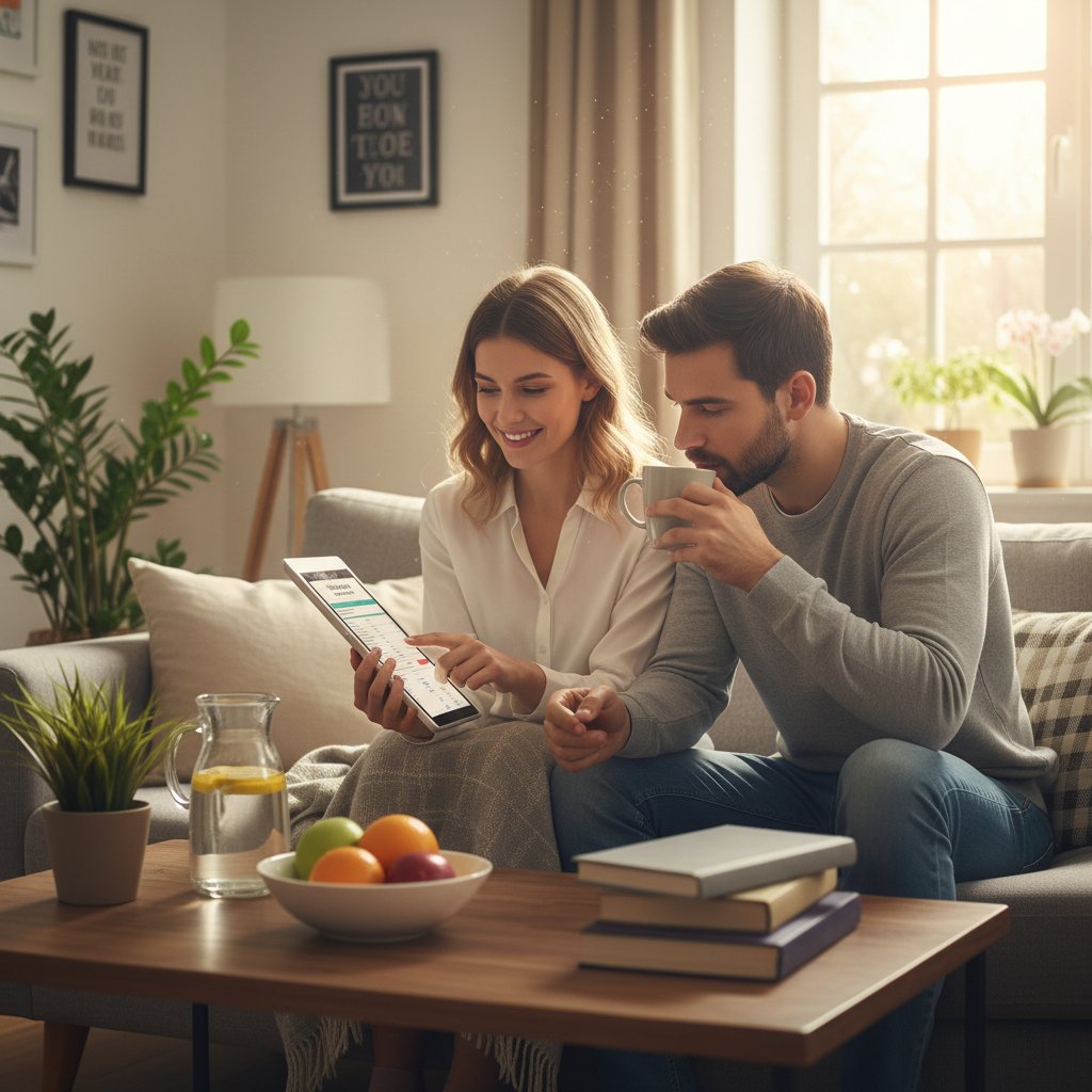 Młoda para rozmawiająca o swoim zdrowiu w domu, atmosfera wsparcia, tematyka życiowa