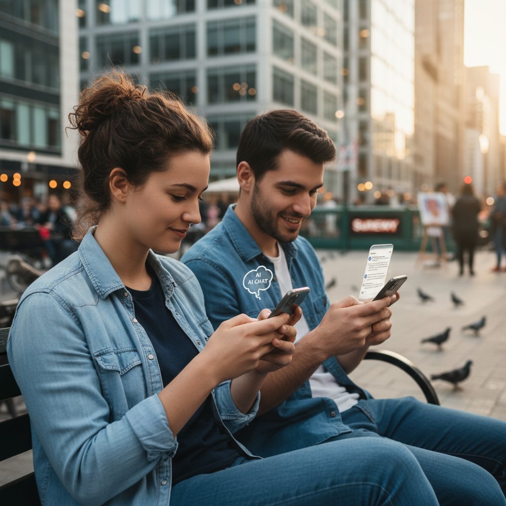 Junges Paar und Einzelperson am Smartphone, beide lächeln, KI-Chat auf Bildschirm sichtbar, urbane Szene
