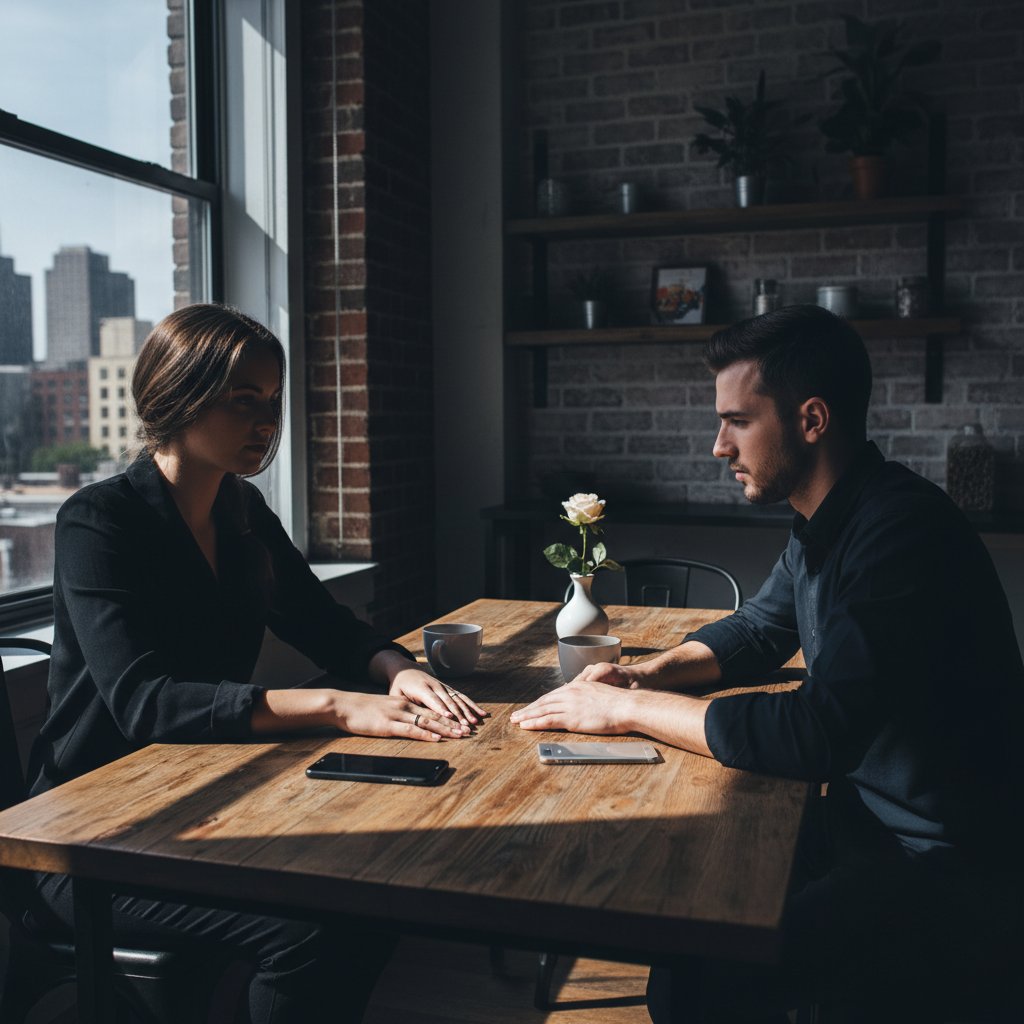 Young couple sitting across from each other at a kitchen table with wedding rings and phones on the table, capturing both tension and hope