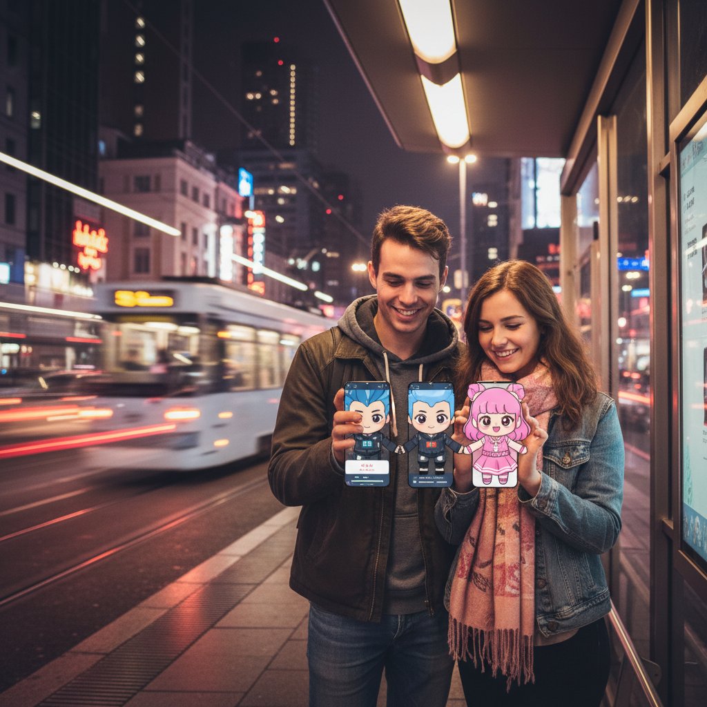 Para młodych ludzi korzysta z mobilnej aplikacji do tworzenia awatarów na przystanku tramwajowym, wieczorne światło miasta