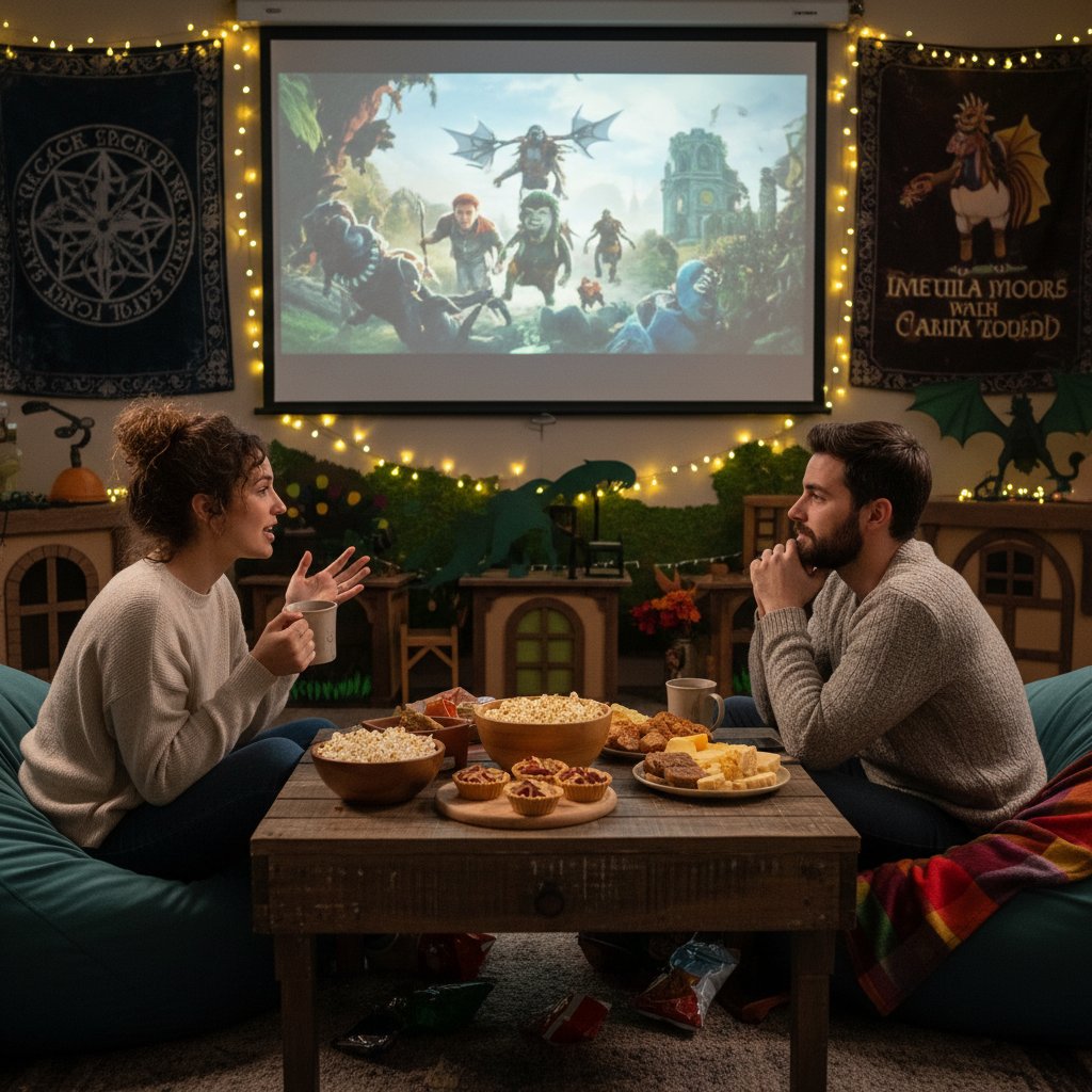 Young couple enjoying movie night with homemade snacks, themed decorations, lively discussion