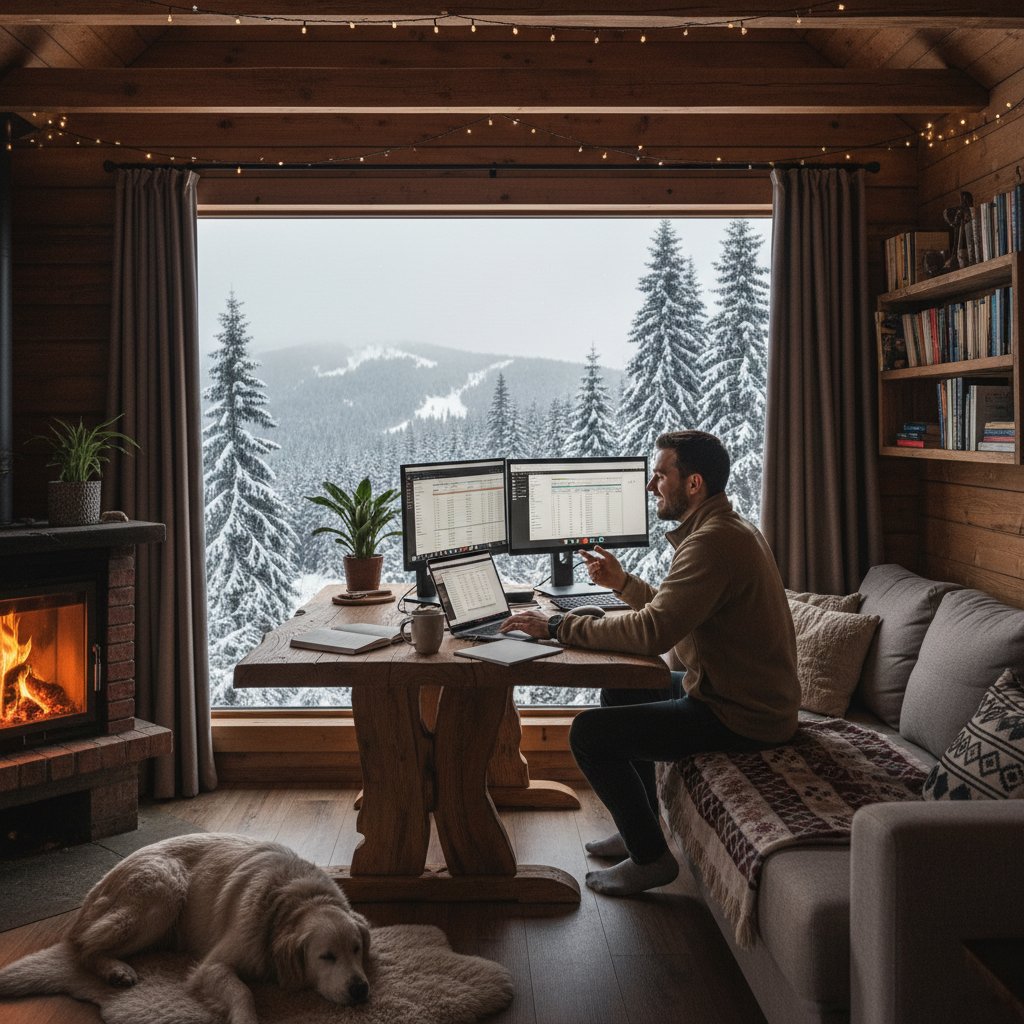 Młoda para pracuje zdalnie w salonie domku w Beskidach