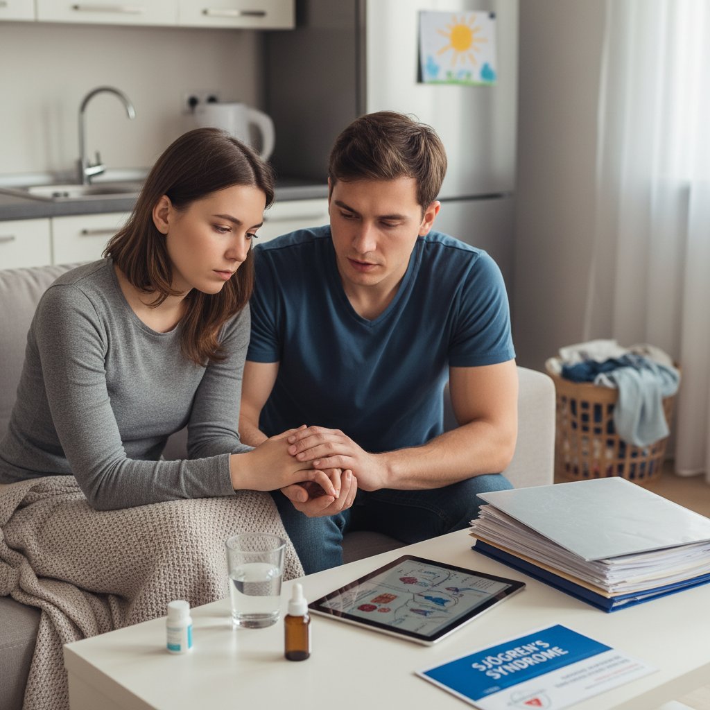 Młoda para w domu, kobieta z zespołem Sjögrena wycofana, symbolika relacji rodzinnych