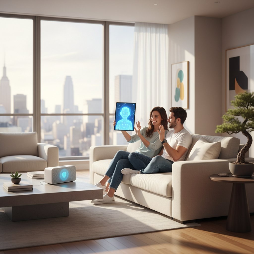 Young couple video chatting, AI assistant, digital intimacy, modern home, relationship coaching